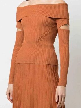 Jonathan Simkhai Off-the-Shoulder Ribbed Sweater in Rust Orange